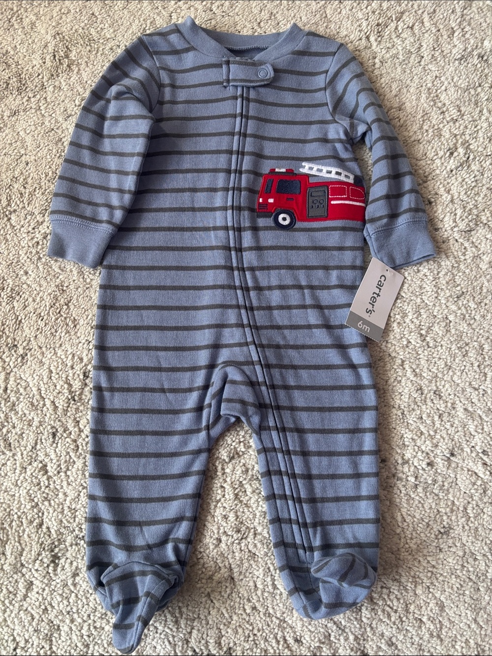 NWT Carter's Blue and Grey Striped Footed Sleeper with Red Fire Truck Size 6m